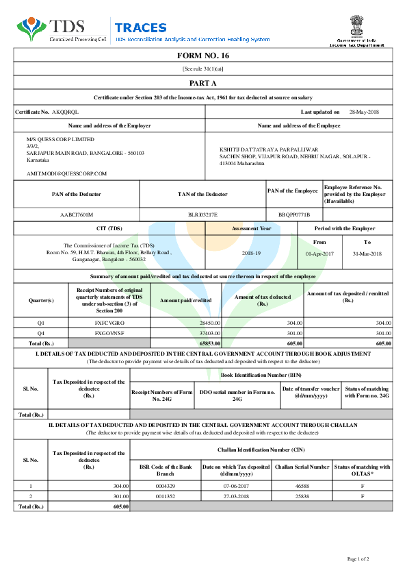 Form 16 document for salaried employees to file income tax returns and verify TDS deductions.